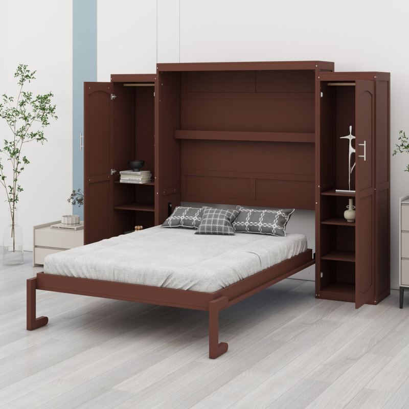 Lit escamotable en bois avec 2 garde-robe et tablette de rangement, Noyer