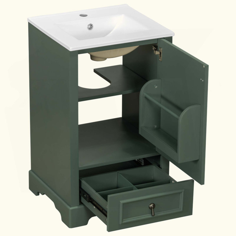 Meuble-lavabo de salle de bain avec lavabo en céramique, porte à fermeture en douceur, tablette ajustable en forme de U, tiroir de compartiment et support de porte, style moderne, conception peu encombrante
