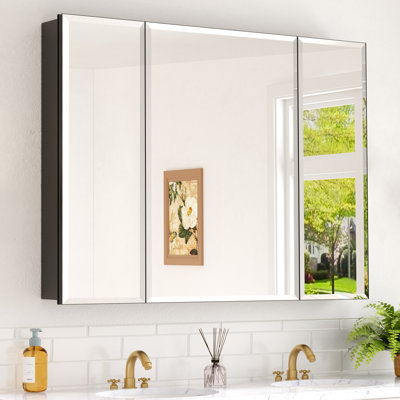 Armoire à pharmacie en aluminium avec miroir, meuble-lavabo encastré ou à fixation en surface, tablettes réglables en verre trempé, grand rangement, noir