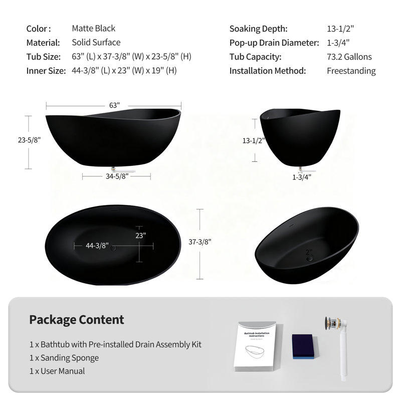 63" x 37" Freestanding Soaking Solid Surface Bathtub Stone Resin Bath Tub with Overflow, Pop-up Drain for Bathroom