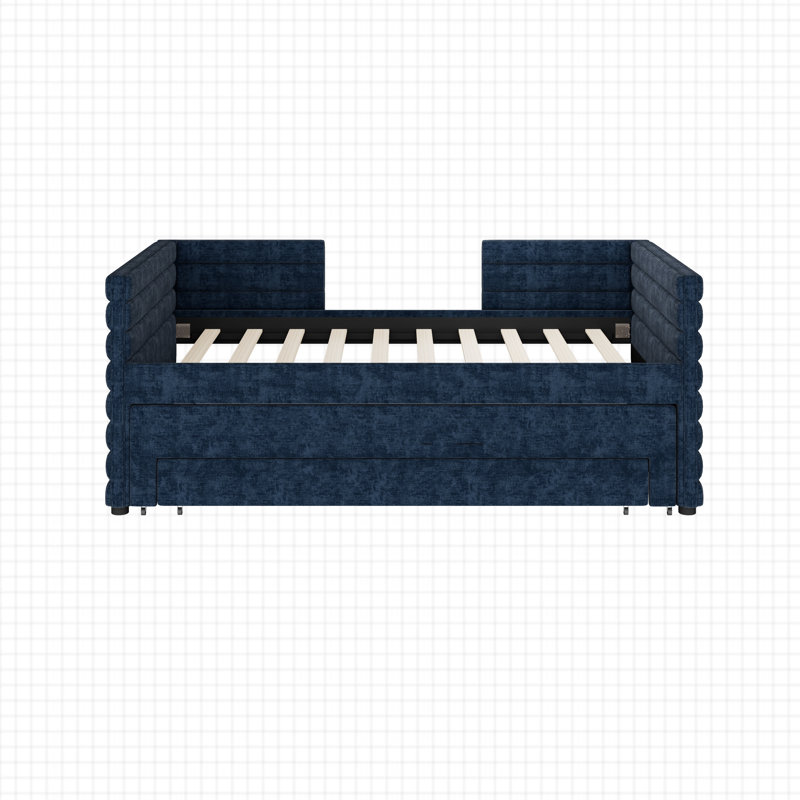 3 Drawers Upholstered Daybed With Trundle, Blue
