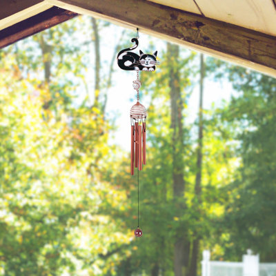 Reinolde 22" Long Black and White Cat Tuxedo Kitty Copper and Gem Wind Chime Unique Gifts