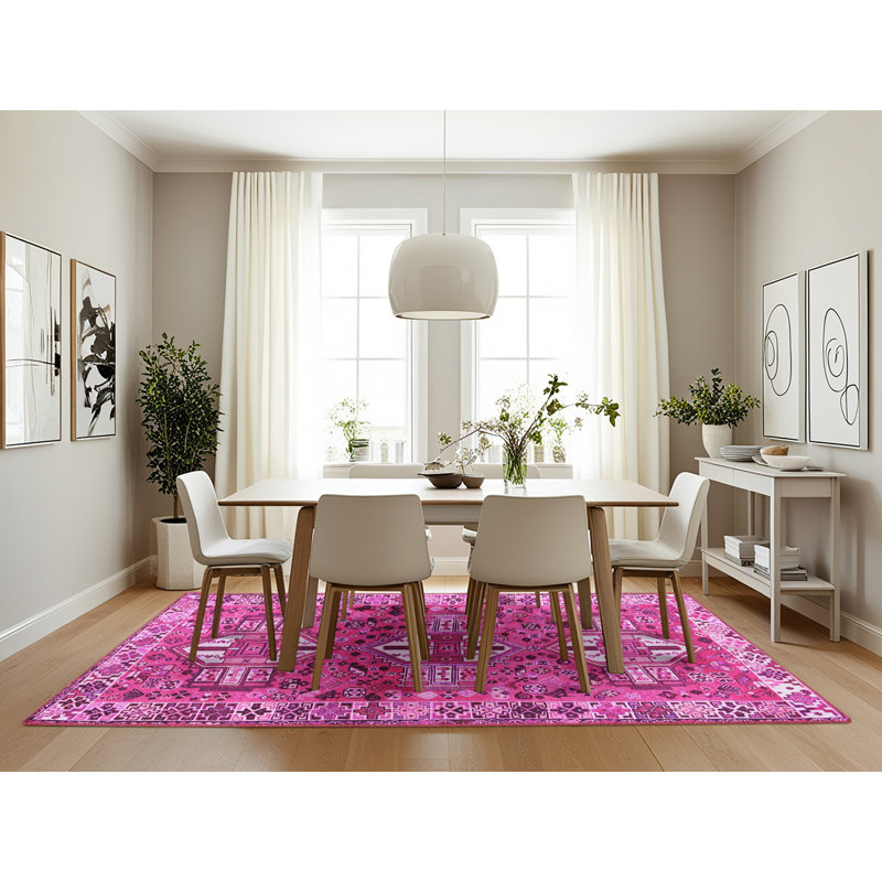 Tapis oriental rose / blanc tissé à la machine, Rectangle 7 pi x 10 pi
