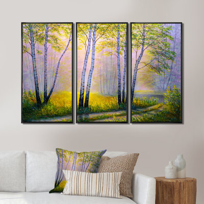 Birches in the Morning Woods - 3 pièces, reproduction sur toile encadrée