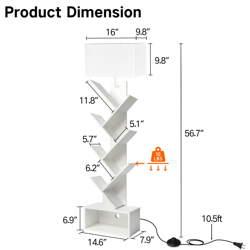 57" LED Tree Floor Lamp with Bookcase and Remote Control, White, White