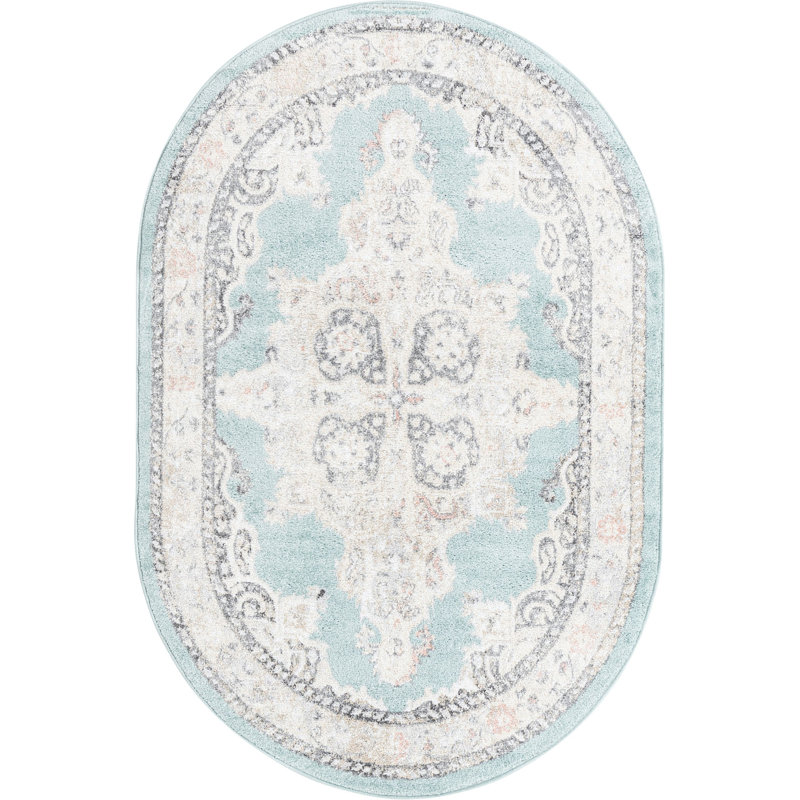 Tapis traditionnel bleu clair, Ovale 4 pi x 6 pi