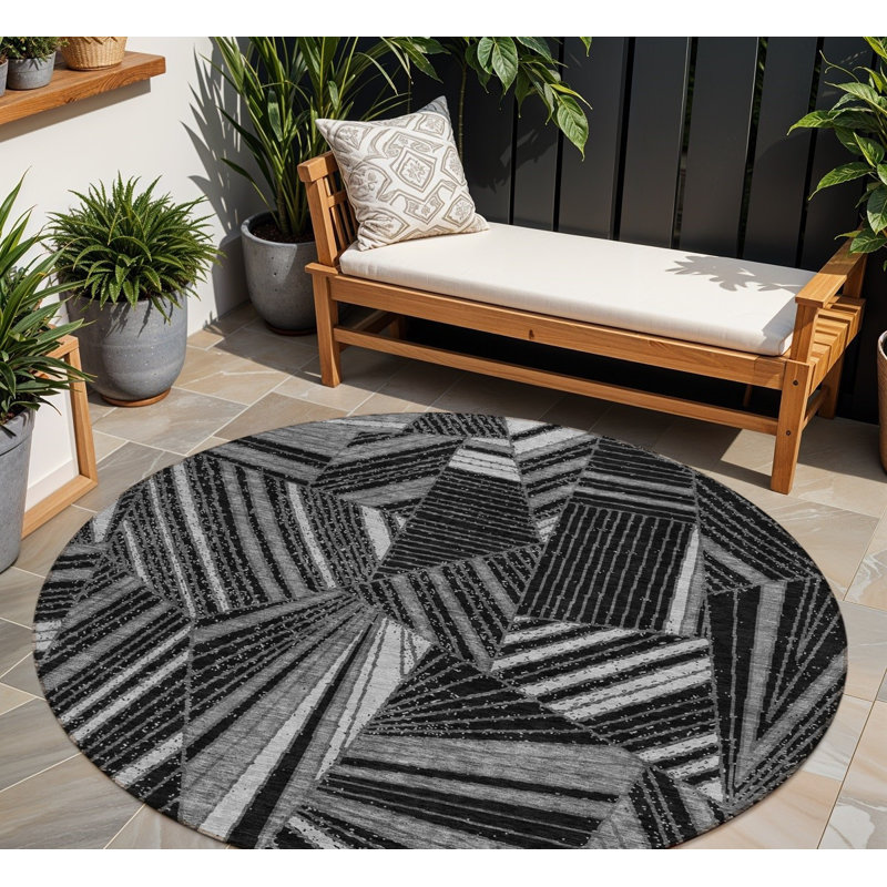 Tapis d'intérieur rond lavable géométrique 8 pi gris