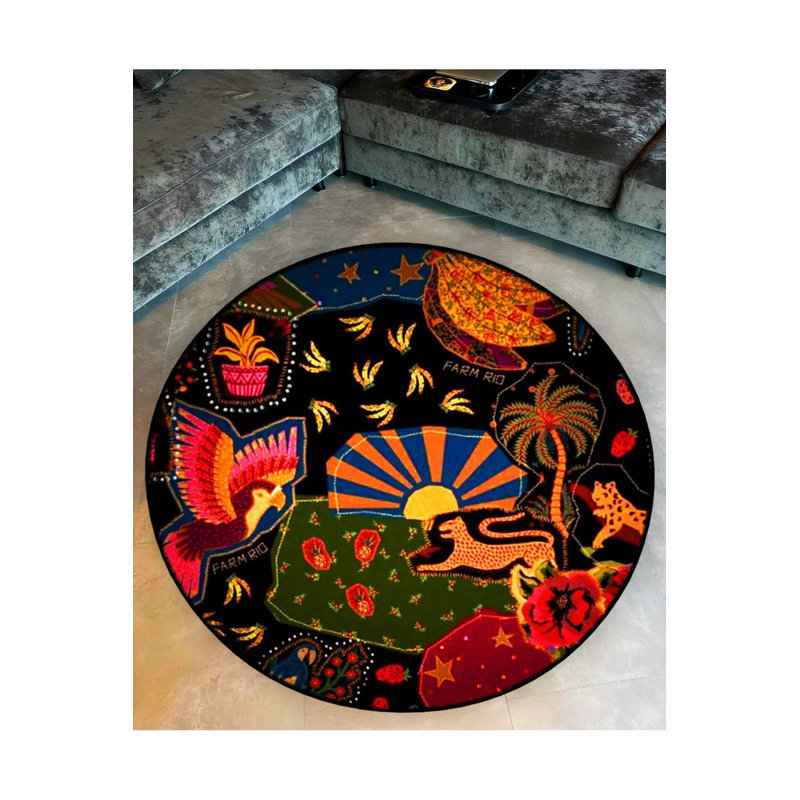 Woven Base Modern Decorative Carpet With Dark-Toned Shapes And Animals, Round 3'4"