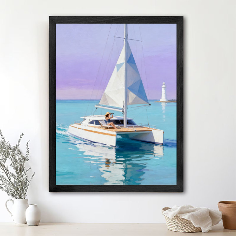 Reproduction d'art encadrée noire rétro "Un bateau solitaire sur la mer", H 11 po x l 9 po