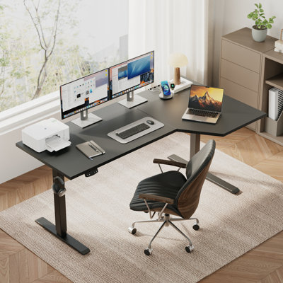 Bureau debout électrique en forme de L de 59 pouces, bureau de coin assis-debout à hauteur ajustable, bureau d'ordinateur ergonomique pour bureau à domicile avec préréglages de mémoire et crochets pour postes de travail, noir
