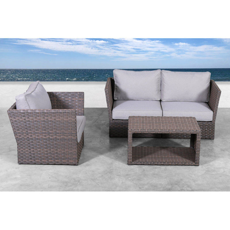 Ensemble de conversation en osier pour 3 personnes avec coussins Anndale, Marron clair