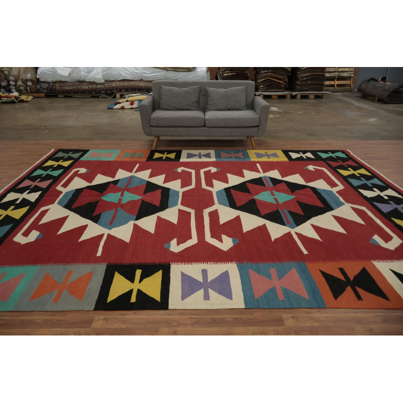 Tapis vibrant Kilim 10 x 13 avec motifs tribaux symétriques