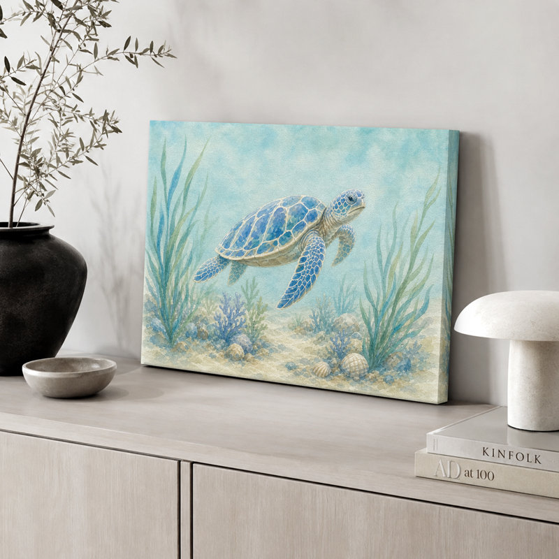 «Blue Sea Turtle», reproduction d'art sur toile encadrée, impression sur toile encadrée, H 32 po x l 48 po x P 1,5 po