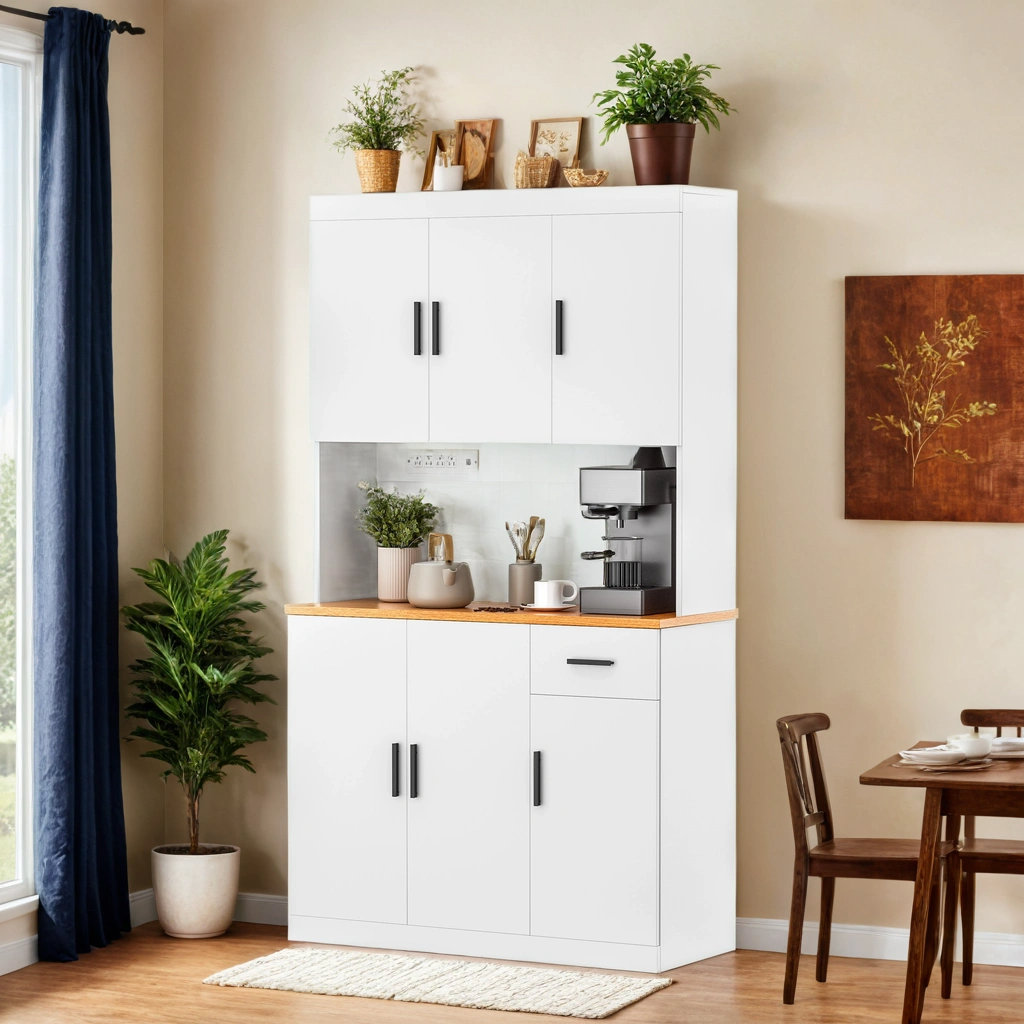 Kitchen Pantry Cabinet, 71" Tall Kitchen Storage Cabinet With Power Outlet, Freestanding Kitchen Hutch With Countertop Ebern Designs 