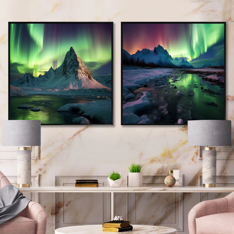 Gulianna - Ensemble de 2 collages carrés Northern Lights, Cadre flottant noir, H 16 po x l 33 po