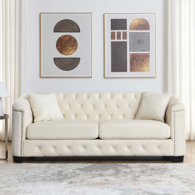 77-Inch Modern Chesterfield Velvet Sofa, 3-Seater Sofa, Upholstered Tufted Backrests With Nailhead Arms And 2 Cushions