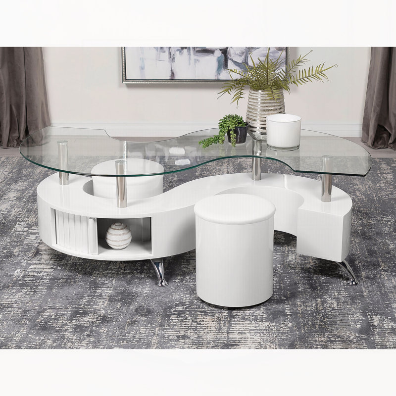 Ensemble de table basse et tabourets 3 pièces blanc ultrabrillant