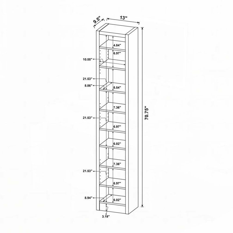 Bibliothèque rectangulaire à 8 tablettes avec 2 tablettes fixes