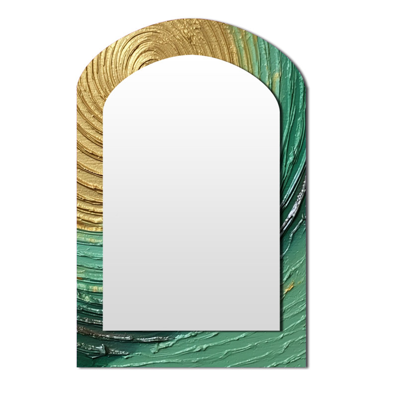Gold Green Surreal Spirals - Abstract Spirals Asymmetrical Unique Mirror, Gold Arch Large Wall Mirror, Printed Metal Art