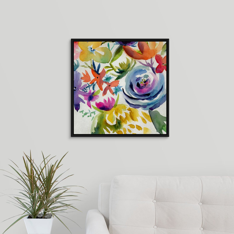 «Summer Spectrum I», peinture sur toile, H 31,7 po x l 31,7 po x P 1,75 po, Cadre flottant noir