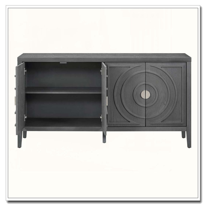 Retro 4-Door Sideboard with Circular Groove Design and Round Handles, Gray
