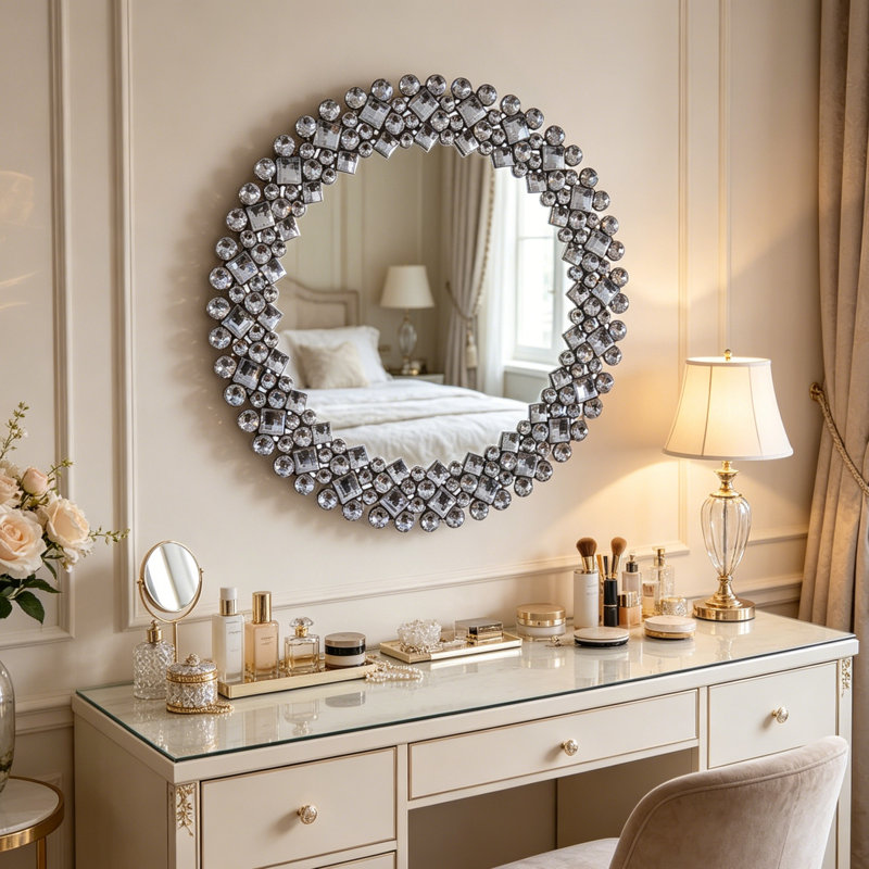 Freelon Round Crystal Framed Wall Accent Mirror 60x60CM