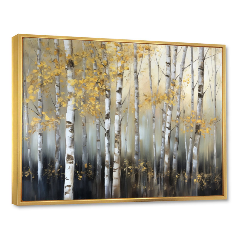 Bouleau Arendien forêt dense I - impression, H 34 po x l 44 po, Reproduction avec cadre flottant, Doré