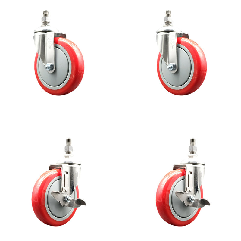 5 Inch_316SS_Polyurethane Swivel 12mm Threaded Stem Caster Set 2 Brake