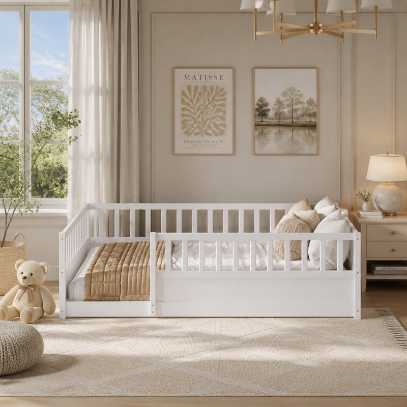 Montessori Floor Bed Frame with Safety Guardrails and Low Profile Wood Platform for Independent Kids Sleeping, White