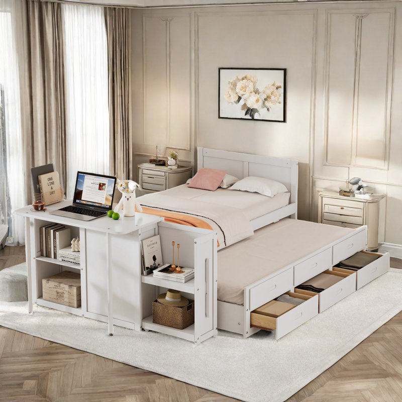Multifunctional Wood Platform Bed With Desk And Storage Shelves, Built-in Trundle And 3 Drawers, White