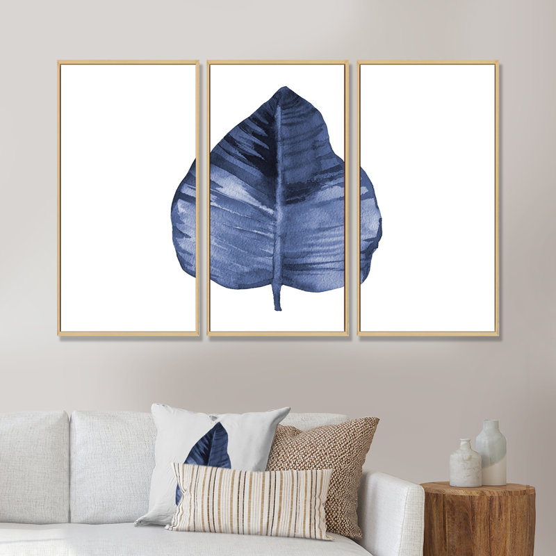 «Blue Leaf Watercolor on White», reproduction sur toile flottante 3 pièces, H 32 po x l 48 po x P 1 po, Cadre brun