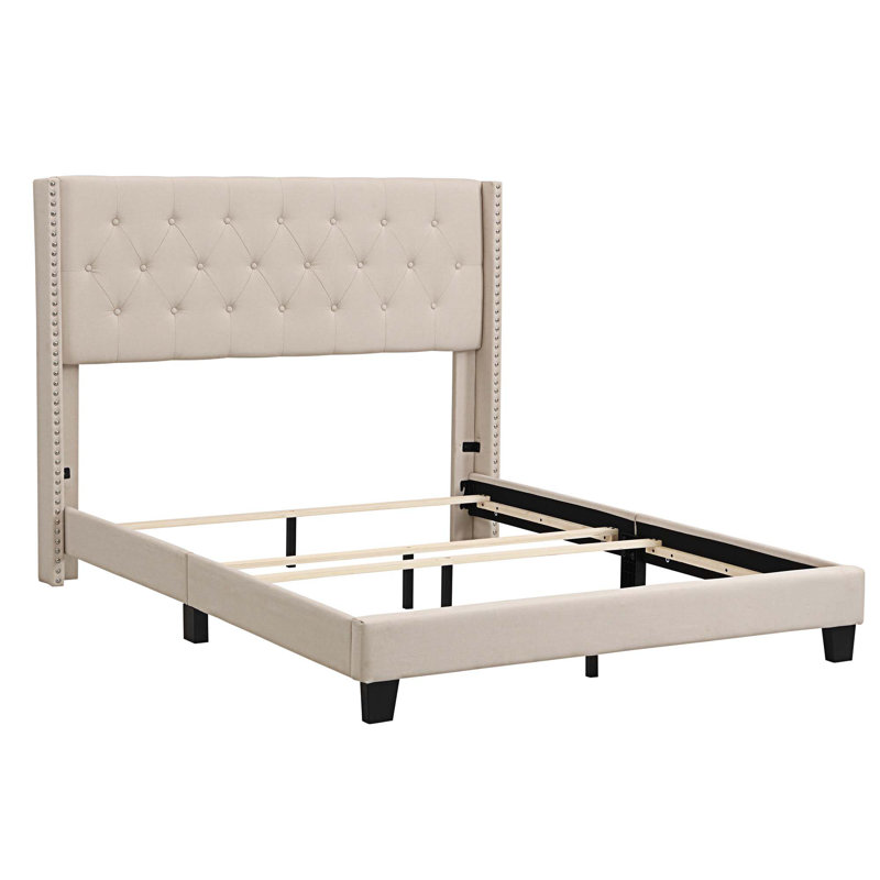 Lit plateforme tapissier avec tête de lit classique, Beige