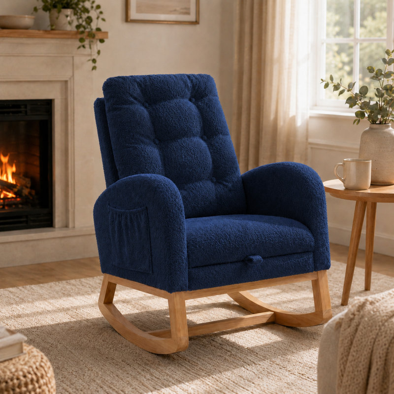 Chaise berçante d'intérieur rembourrée avec repose-pieds et poche latérale, Blue
