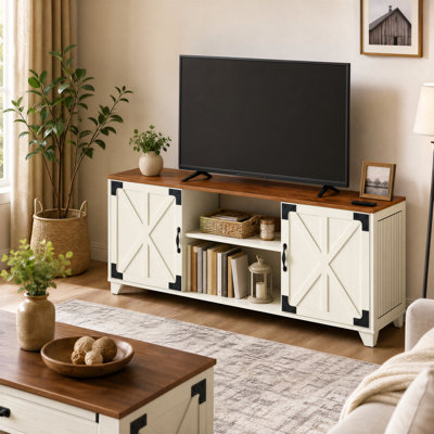 Farmhouse TV Stand for TVs up to 70" with Two Storage Cabients and Charging Station for Living Room, Bedroom