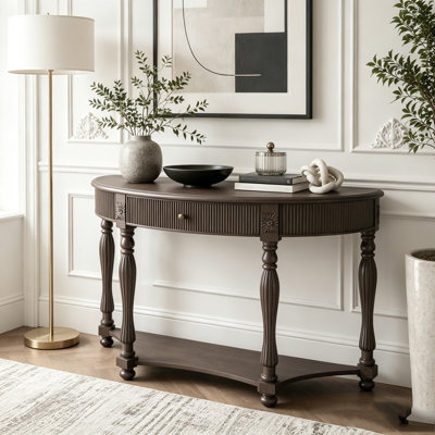 Solid Wood Half Moon Console Table with Drawer & Shelf