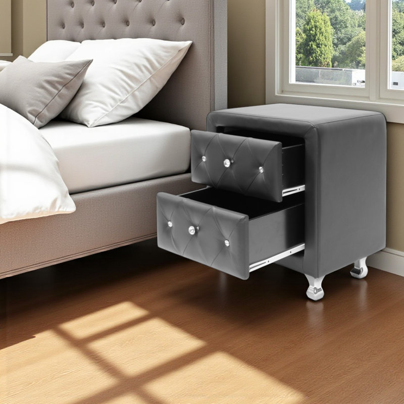 Camden Black Faux-Leather Crystal Tufted Upholstered Nightstand, 23.6" H X 20.7" W X 15.36" D, Black