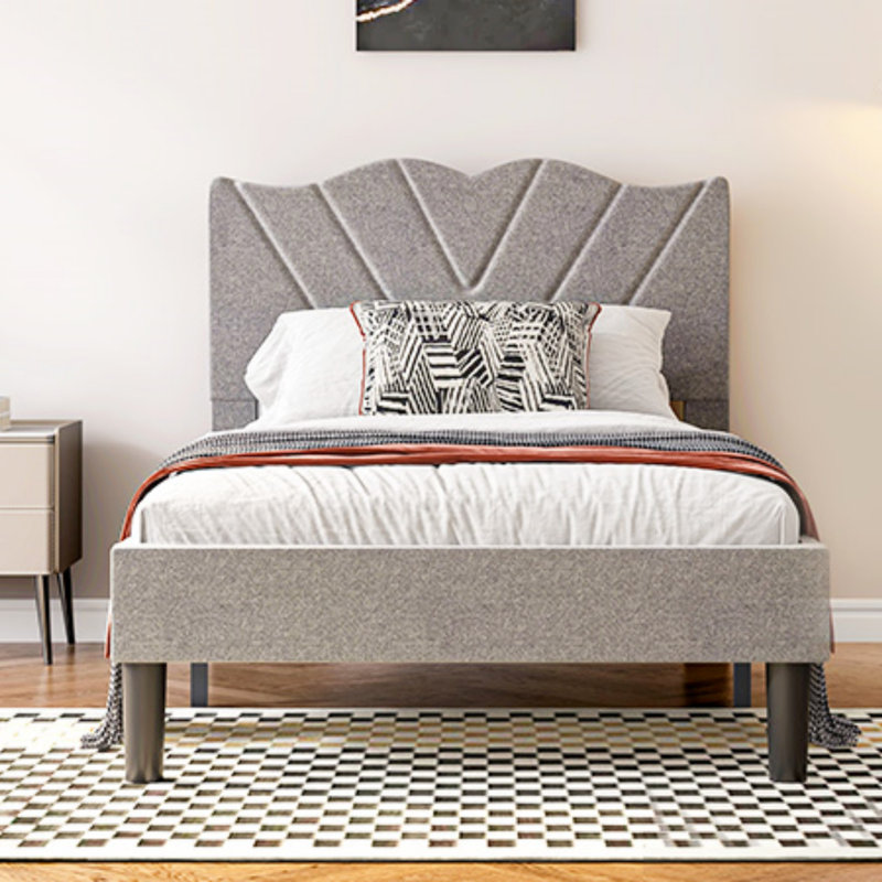 Upholstered Platform Bed, Bed Frame, Gray