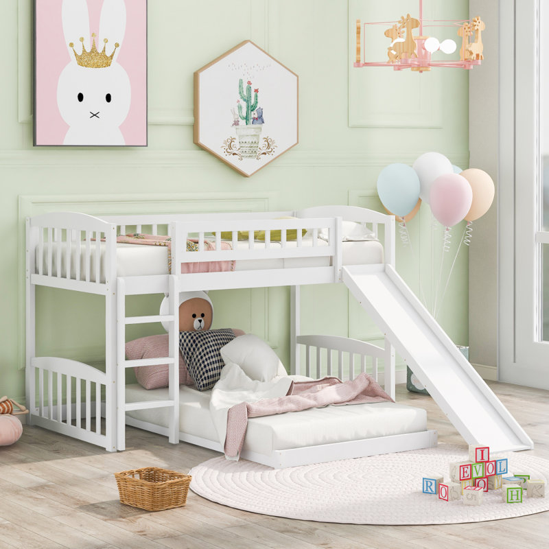 Lit simple superposé au-dessus d'un lit simple avec glissière et échelle, blanc, Blanc