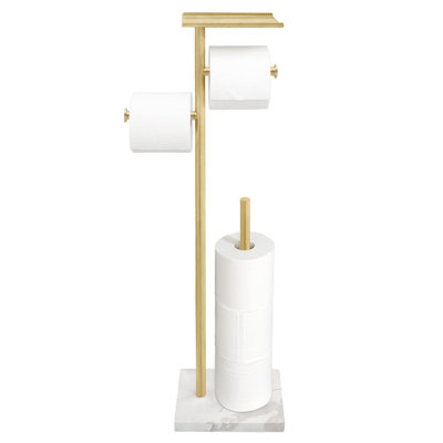 Toilet Paper Stand Holder with Shelf, Marble Design Base Free Standing Toilet Paper Roll Holder with 2 Dispenser SUS 304 Stainless Steel Reserve, Storage 5 Rolls, (Brushed Gold)