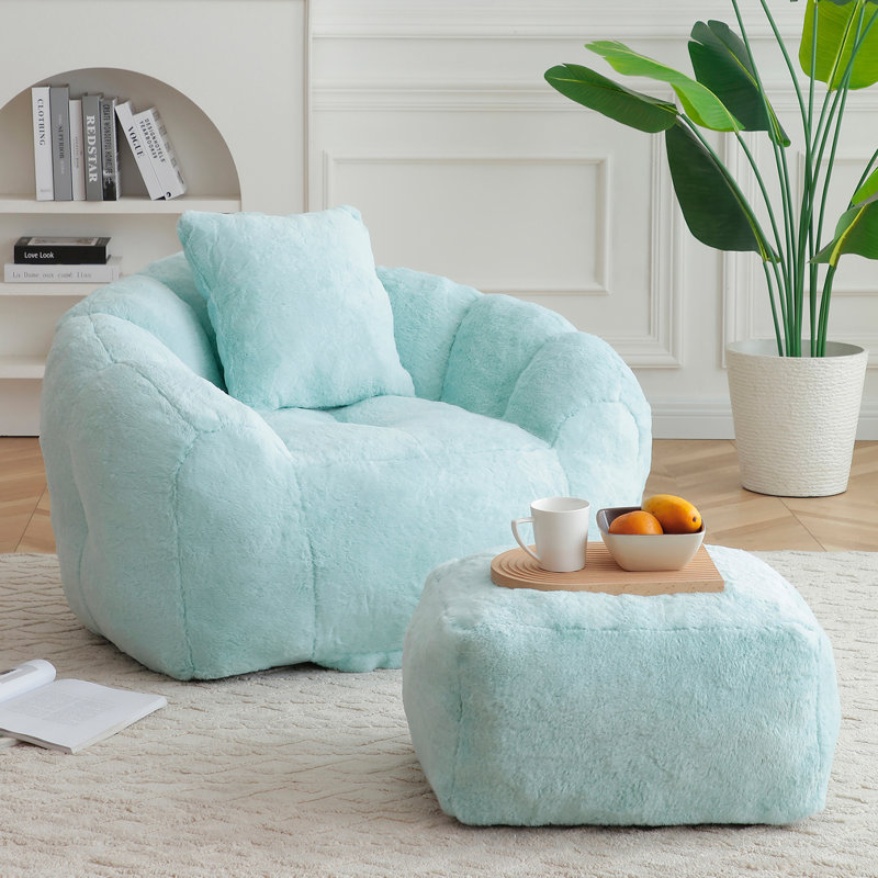 Fauteuil à billes surdimensionné avec repose-pieds, Fausse fourrure bleue