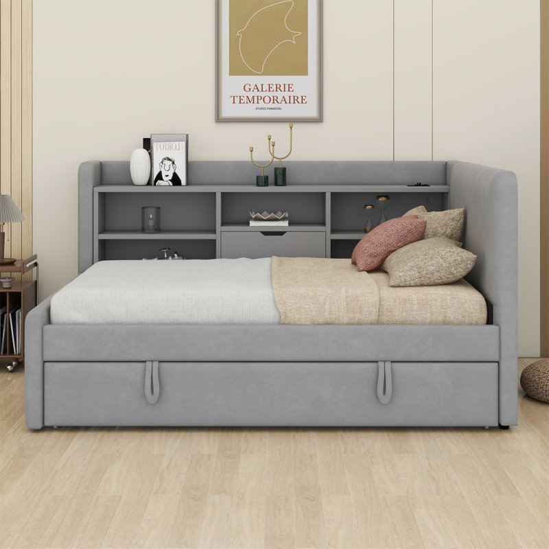 Lit de jour rembourré avec lit gigogne, tablettes de rangement, port USB et prise de courant, gris