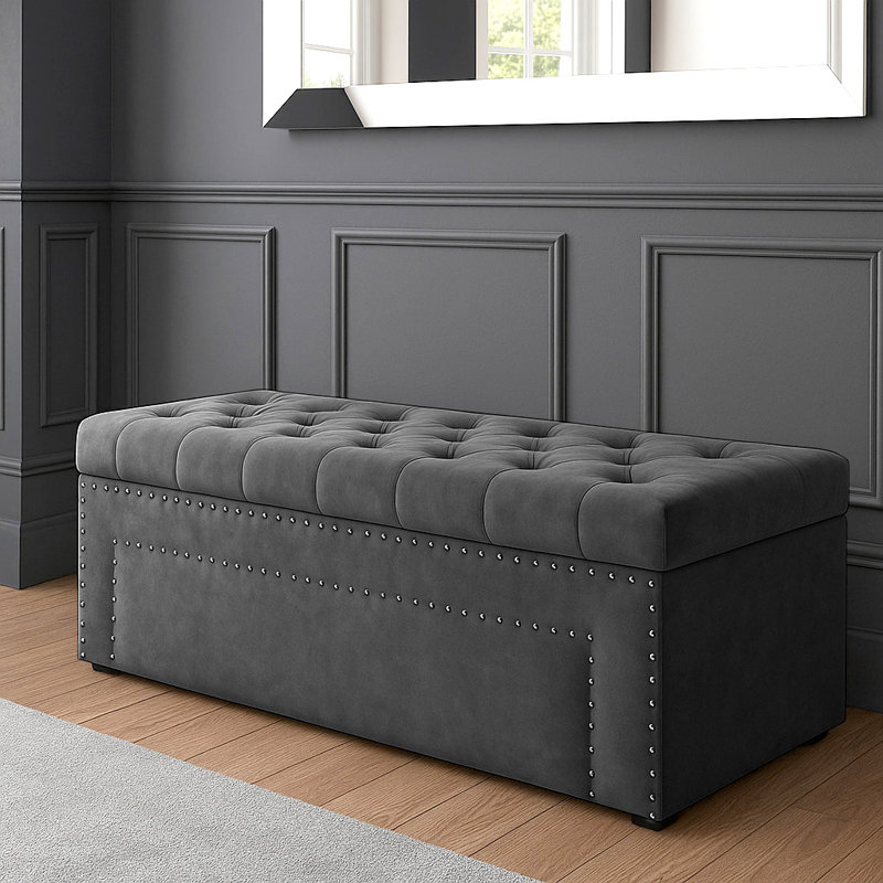 Duke Ottoman Storage Box - Chesterfield Upholstered Blanket Box - Plush Velvet Ottoman Bench with Storage, Steel Grey