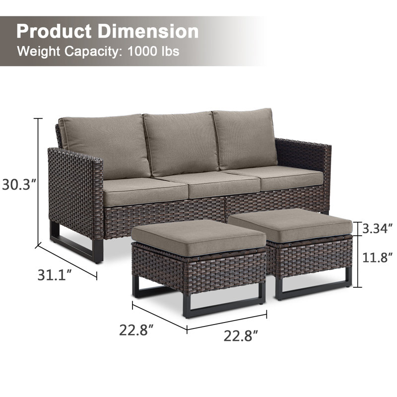 Nazime 74.02" Wide Outdoor Wicker Patio Sofa with Cushions and Ottomans, Gray, Brown