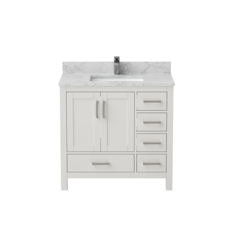 Meuble-lavabo de salle de bain 35 po, armoire de salle de bain autoportante en bois avec lavabo et trou de robinet en blanc