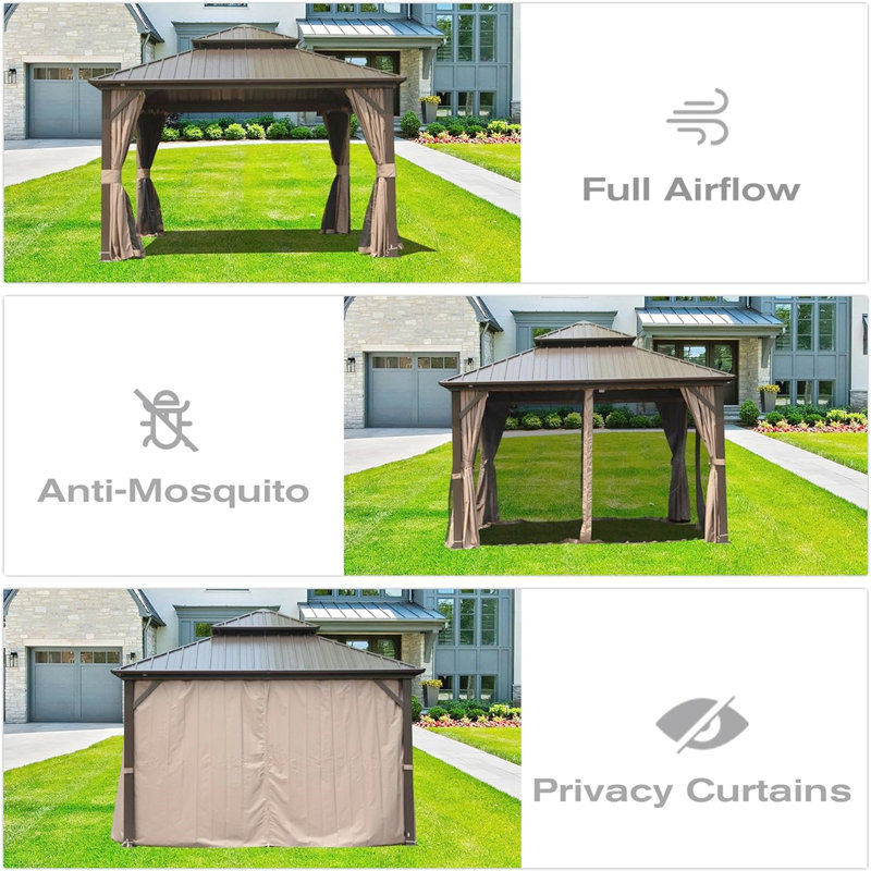 Hardtop Gazebo, Aluminum Metal Gazebo With Galvanized Steel Double Roof Canopy, Curtain And Netting, Permanent Gazebo Pavilion