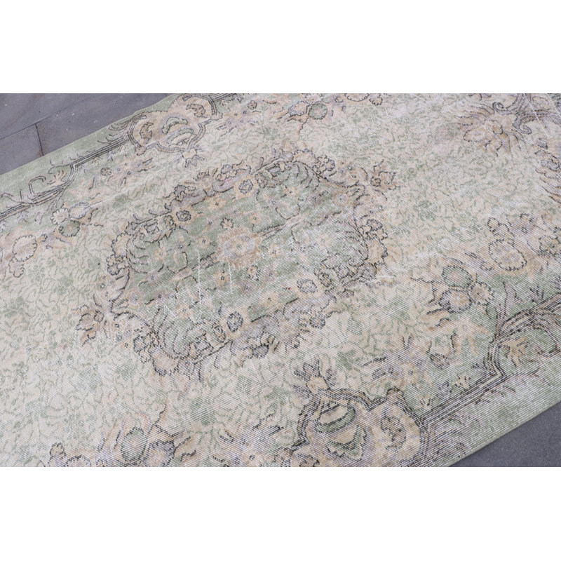 Tapis rétro Oushak - grand tapis de luxe en laine vert pour le décor de la salle à manger