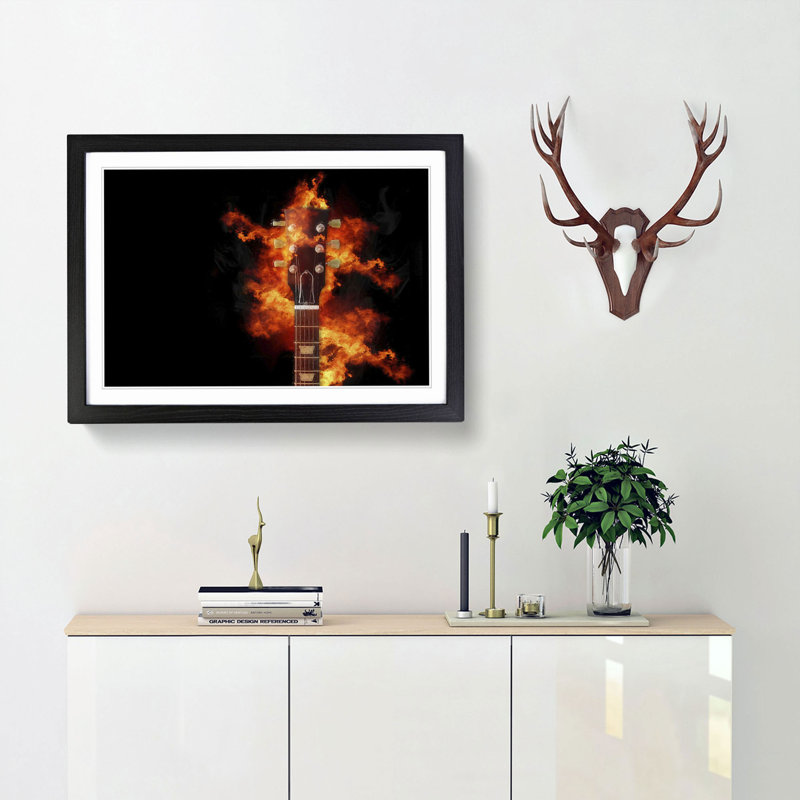 Guitar on Fire in Abstract - Picture Frame Painting Print, 36cm H x 48cm W x 2cm D, Black Framed