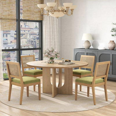 47" Round Dining Table Set with Rattan Chairs, Farmhouse Kitchen Table with U-Shaped Base and Chairs Set for Small Space