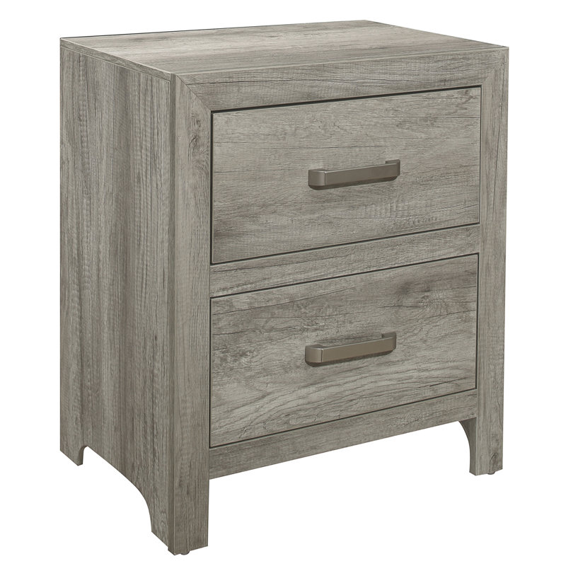 Table de chevet en faux placage de bois pour chambre à coucher, finition grise, 2 tiroirs, table d'appoint de chambre à coucher décorative en nickel plaqué, gris, tiroirs avec poignées