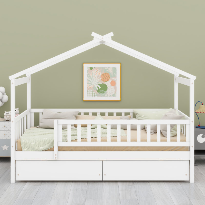 Lit en bois avec tiroirs, Blanc